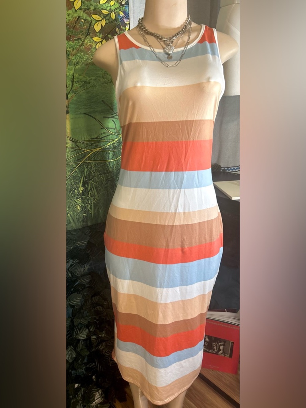 Emery Rose Striped Sleeveless Midi Dress in Coral, Light Blue & Tan: NWTs
